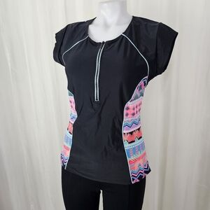 Hobie Swim Wear short sleeve swim shirt rash guard zip neck black bright XL